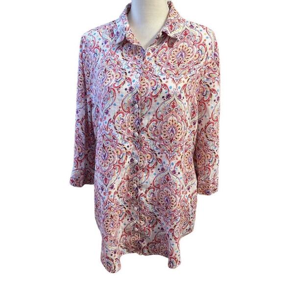 Chico's Tops - Chico's Women Linen Tunic Button Up No Iron Size 2, Large Floral Paisley